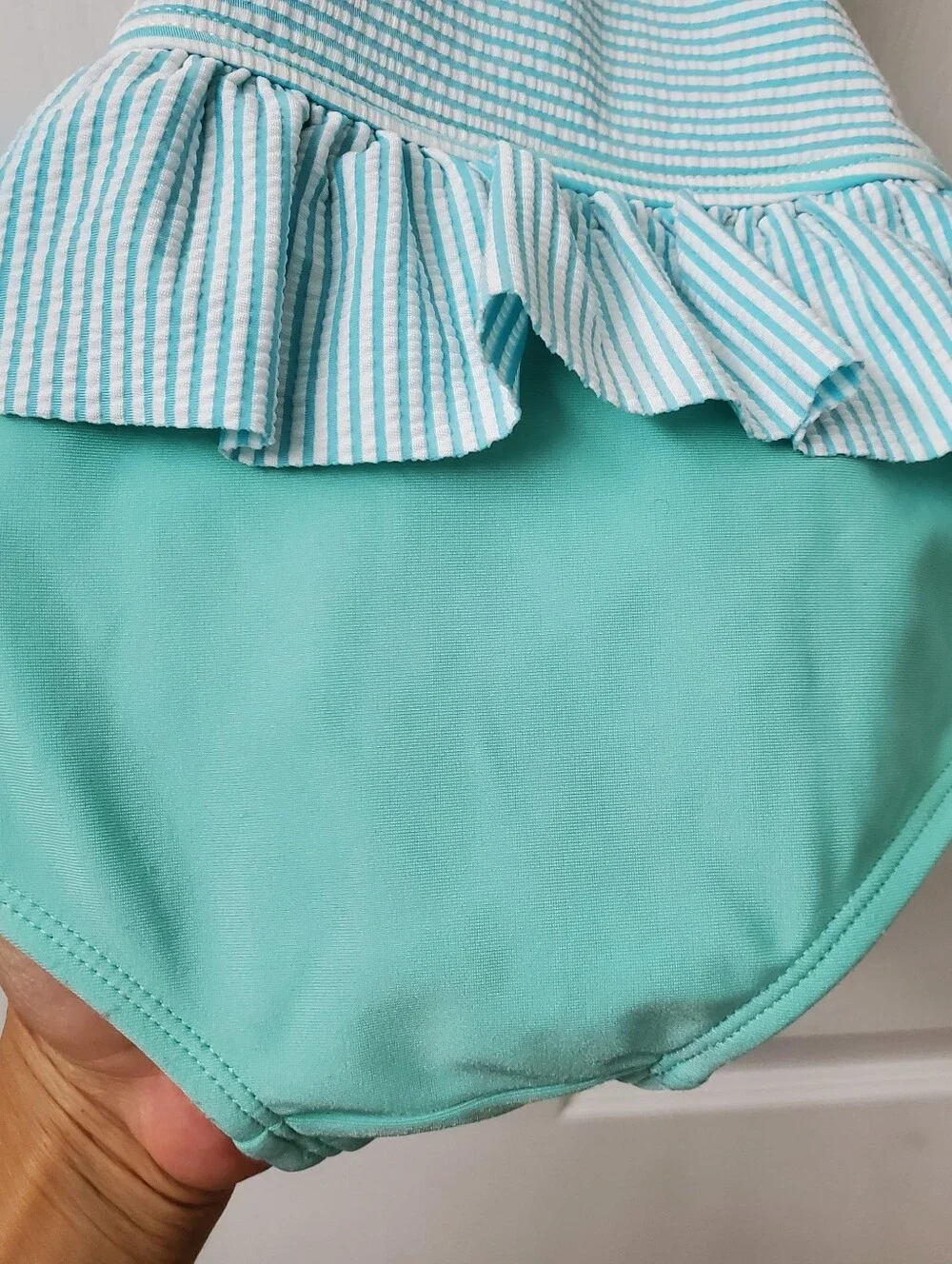 Cat And Jack Girls' Mint Green Stripe Seersucker Ruffle One-Piece Swimsuit LG